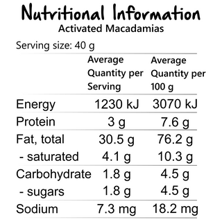 Organic Activated Macadamias nutrition information panel